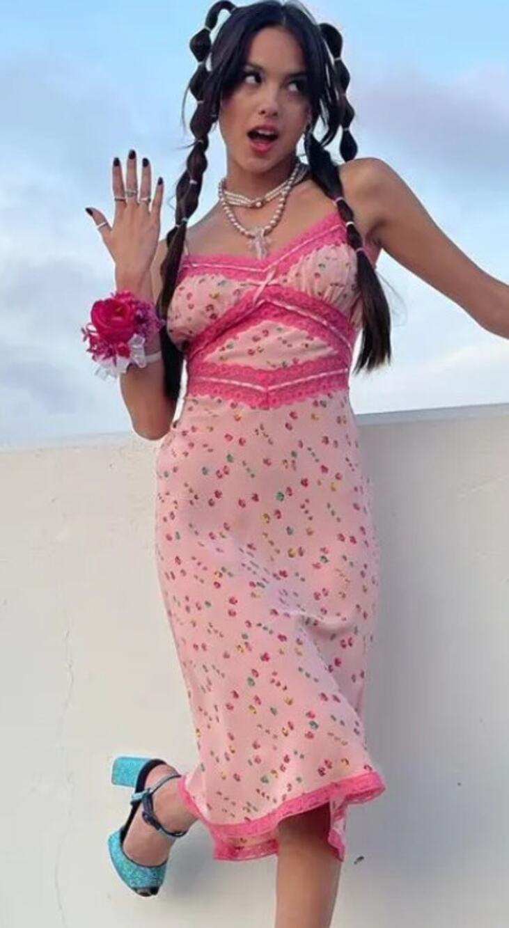 Betsey Johnson 14 Satin Printed Slip Dress Olivia Rodrigo Pink Floral Lace